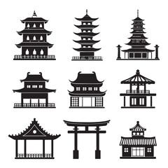 Asian Architecture Icon Set, A comprehensive collection of black silhouette vector icons featuring traditional Asian temples, pagodas, gates, and bridges (3).eps