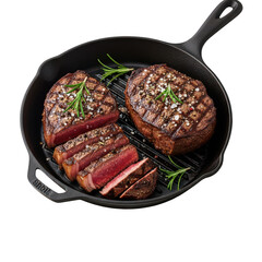 Juicy grilled steak with rosemary in cast iron skillet isolated on transparent background