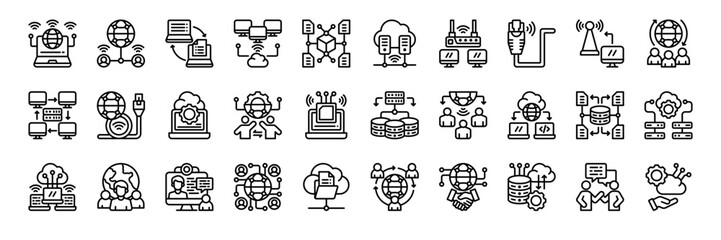 Network Related icon collection line style. containing Network Connection, Global Network, Data Sharing, Cloud, Network, Blockchain, Ethernet Cable, Cloud Computing