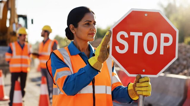 Indian woman construction worker with hard hat and reflective vest holding stop road sign controlling traffic at worksite