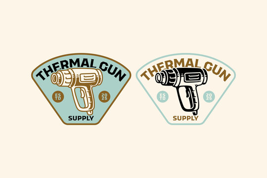 Heat gun crest seal vintage badge logo design set for industrial. Thermal gun electric tool retro patch logo pack for workshop. Heating blower, hot air gun rustic emblem element design for repair shop