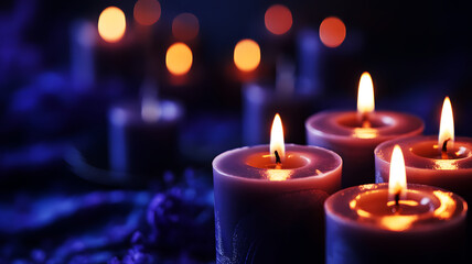 Burning Candles with Soft Golden Bokeh Lights in Dark Background. Romantic Candlelight Background with Glowing Candles, Warm Bokeh Lights and Soft Focus