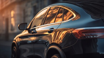 Fototapeta premium Elegant black car parked near a historic building, reflecting warm sunset hues on glossy surface, showcasing modern automotive design and urban aesthetics