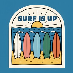 Retro Surfer Badge. Summer Surf Emblem. Tropical Beach Logo. Big Wave Surfing Art. Sunset and Palm Tree Design.