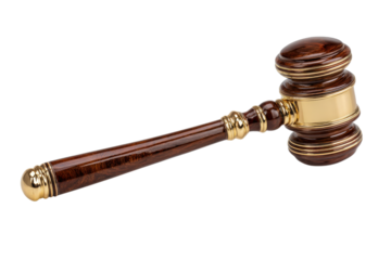 Wooden Judge Gavel with Golden Detail: A close-up view presents a finely crafted wooden gavel, showcasing rich wood grains and elegant golden accents, symbolizing authority and order.