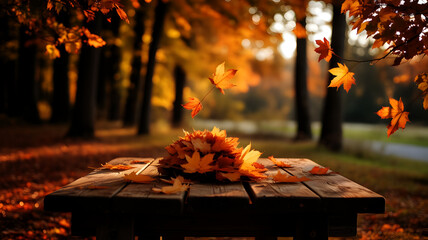 Autumn Forest Background with Falling Maple Leaves and Wooden Table. Autumn Fall Season Background with Colourful Maple Leaves, Wooden Table and Sunlit Forest