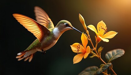 Naklejka premium Golden hummingbird hovers near yellow flowers collecting nectar. Small bird flies with wings spread wide, feeding on blossom. Wildlife photo shows nature scene at daytime.