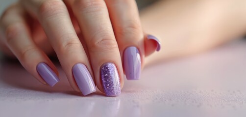 Woman shows off polished lavender nails. One finger has sparkling glitter accent. Clean hands look elegant on soft background. Perfect for beauty or fashion blogs.