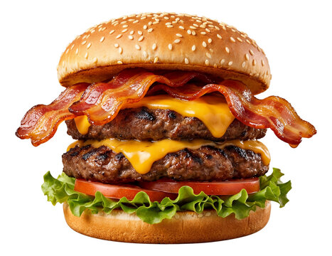 Double bacon burger showcasing stacked patties with crispy bacon strips extending beyond the bun.