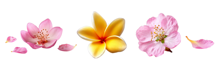 Floral Symphony: An array of delicate blossoms, in shades of pink and yellow, dances across the frame, petals scattered gently, embodying nature's fragile beauty.