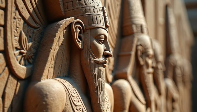Ancient Sumerian statues depict regal figures with beards, ornate headdresses. Stone carvings represent gods rulers from early Mesopotamian civilization. Detailed artwork shows rich cultural heritage.