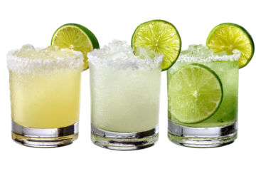 Refreshing Cocktail Trio: Three elegantly presented cocktails, each adorned with a vibrant lime wedge and a delicate salt-rimmed glass, beckoning refreshment and delight.