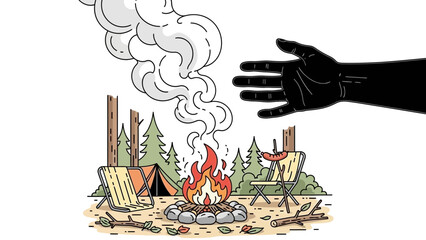 Camping scene with campfire and tent in forest © Chathuranga