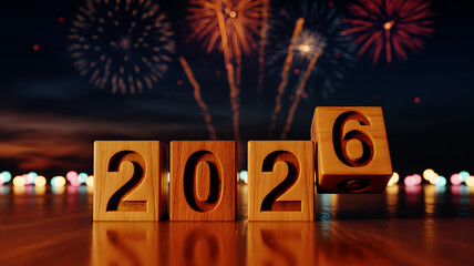 Happy New Year 2026 Celebration with Fireworks and Wooden Number Blocks. New Year 2026 Concept with Fireworks, Wooden Blocks, Festive Background and Celebration Lights