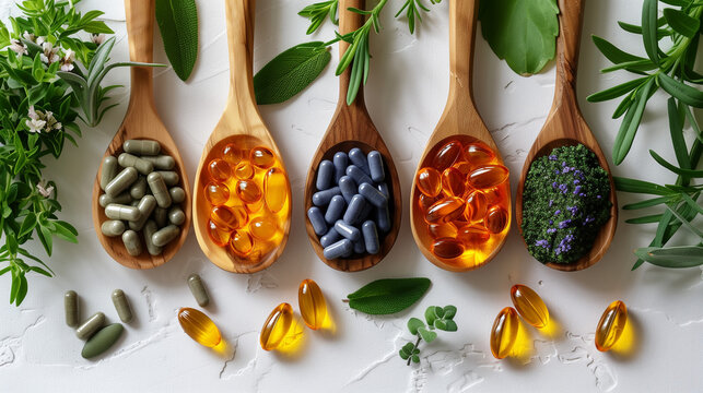 nutraceutical wellness product, Assortment of different types of pills and capsules displayed in wooden spoons with greenery