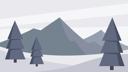 Simple winter landscape background illustration with flat design featuring pine trees, mountains, and snowy lands.