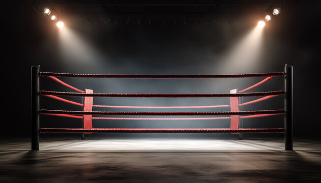Empty wrestling ring under dramatic spotlights in a smoky arena.