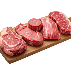 Assortment of raw beef cuts on a wooden board isolated on transparent background