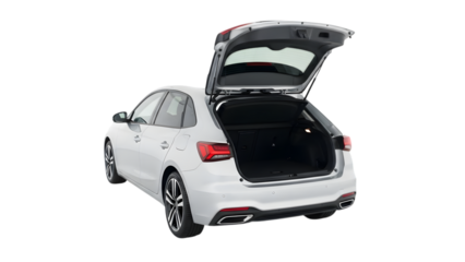 Modern white car with open truck on transparent background PNG