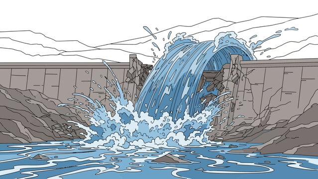 Dam bursts releasing powerful water flow into landscape