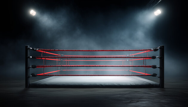 Empty wrestling ring under dramatic spotlights in a smoky arena.