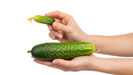 person holding two fresh green cucumbers with different sizes on transparent background PNG