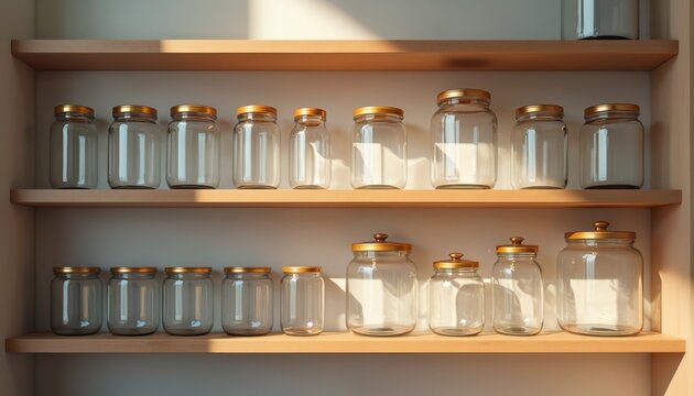 Empty glass jars with golden lids arranged neatly on rustic wooden shelves in pantry. Sunlight streams across clear containers creating soft shadows, perfect for home organization, food storage
