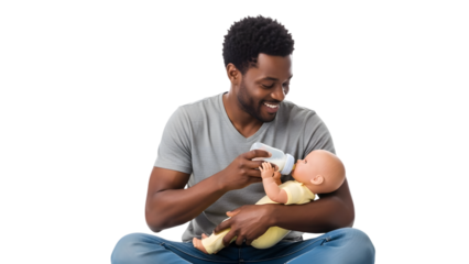 sitted black young man feeding the baby with bottle, isolated on transparent background PNG