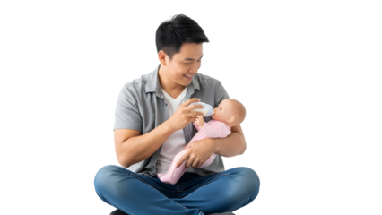 sitted asian young man feeding the baby with bottle, isolated on transparent background PNG