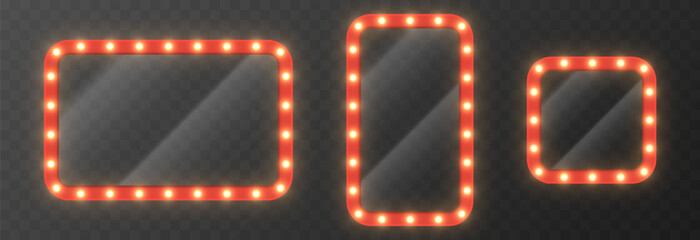 Obraz na płótnie Canvas A set of glass or mirror with a red frame and light. Glass with light PNG. Glass with a red frame in a retro style. Circus glass.