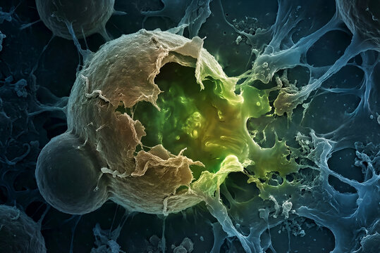 Pancreatic Acinar Cell Necrosis: Ruptured Zymogen Granule Leaking Proteolytic Enzymes Causing Cytoplasmic Lysis - SEM Visualization