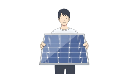 young man holding a solar panel, isolated on transparent background PNG