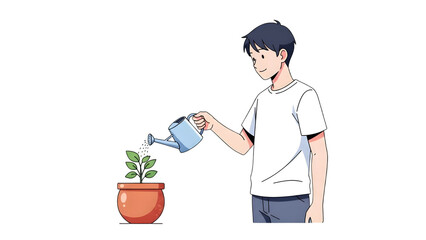 Young man watering plant, isolated on transparent background PNG