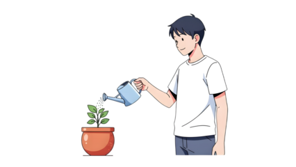 Young man watering plant, isolated on transparent background PNG