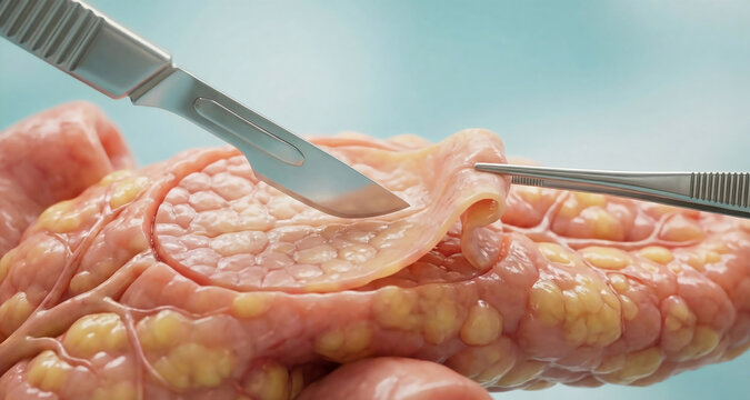 Surgical Scalpel Taking Frozen Section Shave Biopsy from Lobulated Pancreatic Tissue for Margin Control Analysis