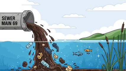 Sewer pollution dump into clean lake water with fish
