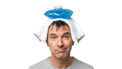 man with a headache using blue ice bag, isolated on tranparent background PNG