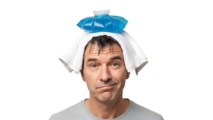 man with a headache using blue ice bag, isolated on tranparent background PNG