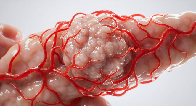 Pancreatic Tumor Angiogenesis: 3D Visualization of Chaotic Microvasculature Feeding Adenocarcinoma Mass, Illustrating Neovascularization and VEGF Signaling.