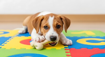 Puppy Chewing Bone on Colorful Play Mat.