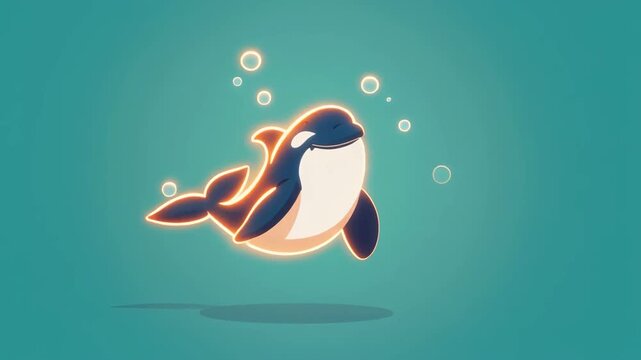 Cute Cartoon Orca Killer Whale Glowing and Swimming with Bubbles Underwater