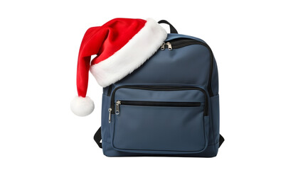 blue backpack with santa hat, isolated on transparent background PNG