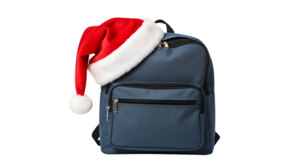 blue backpack with santa hat, isolated on transparent background PNG