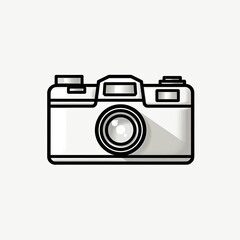 Classic camera illustration with bold black outline. Minimalist visual art represents photography, vintage style, and capturing memories. Simple design shows retro camera.