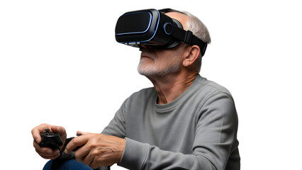 sitted senior man playing with virtual reality goggles, isolated on transparent background PNG