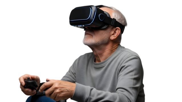 sitted senior man playing with virtual reality goggles, isolated on transparent background PNG - Powered by Adobe