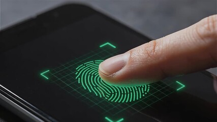 A finger pressing on a smartphone displaying a digital fingerprint for identity verification.
