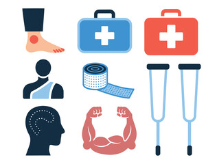 Medical injury recovery icons set featuring supportive care symbols, first aid elements, rehabilitation tools, muscle strength graphics, and essential emergency medical illustrations