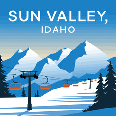 Sun Valley Idaho vintage ski resort poster, scenic mountain chairlift illustration, alpine winter landscape artwork, classic American skiing travel design