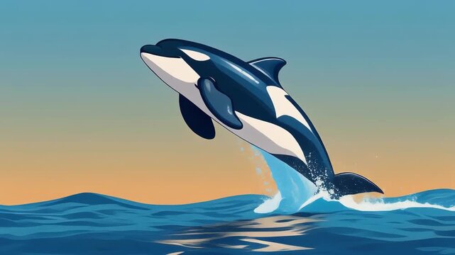 Cartoon Orca Killer Whale Jumping Gracefully Out of Water at Sunset